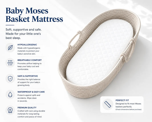 Baby Moses Basket Mattress | Hypoallergenic, Breathable & Waterproof Foam Mattress | Removable Quilted Washable Cover | Made in UK