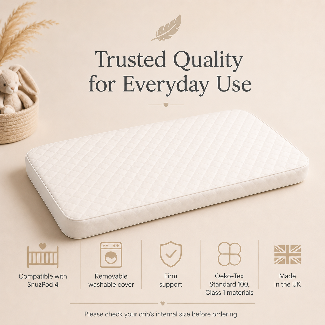 Bedside Crib Mattress Compatible with SnuzPod 2, 3 & 4 | Replacement Baby Mattress | Breathable 3D Mesh, Antibacterial Washable Cover & Firm Foam | Made in UK