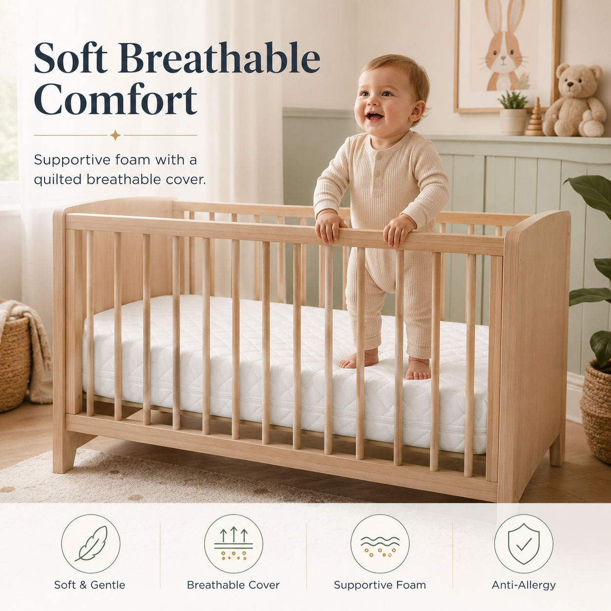 Baby Cot Bed Mattress | Waterproof, Hypoallergenic & Breathable Foam Mattress | Extra Thick Double-Sided with Removable Washable Cover | Made in UK