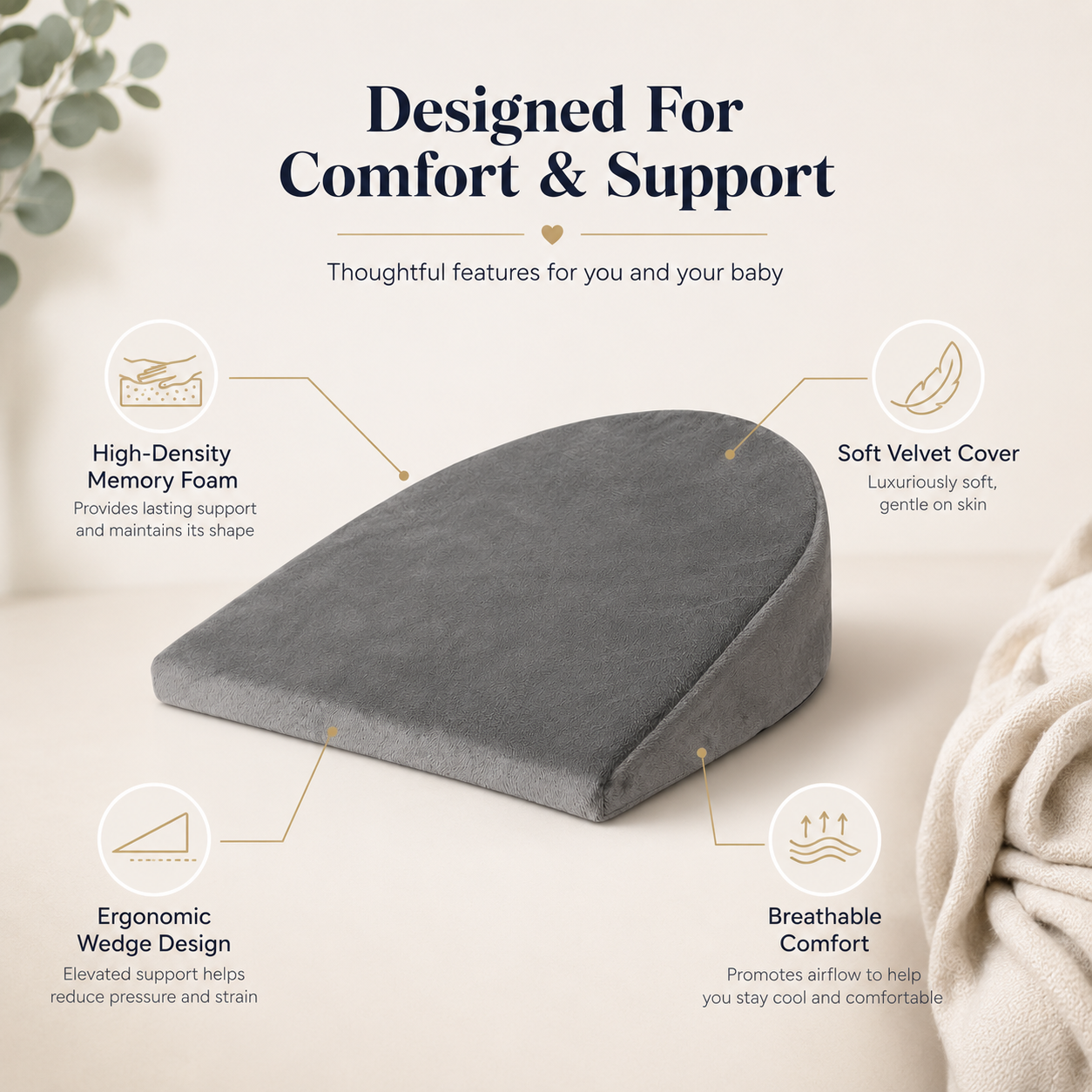 Pregnancy Wedge Pillow | Maternity Support Pillow for Sleeping, Belly, Back, Hips & Legs | Soft Velvet Cover