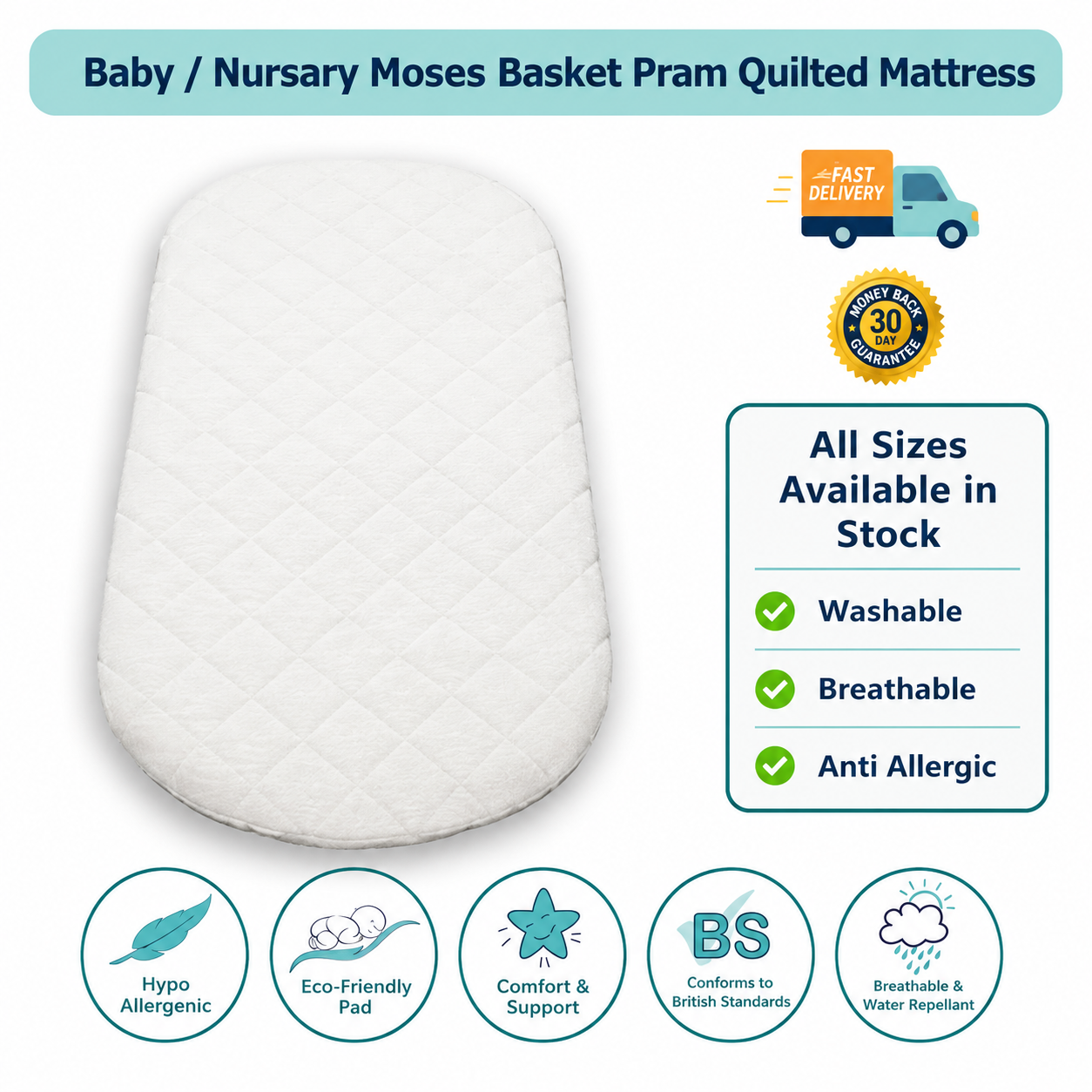 Baby Moses Basket Mattress | Waterproof, Hypoallergenic Oval Foam Mattress | Washable Quilted Cover | Made in UK